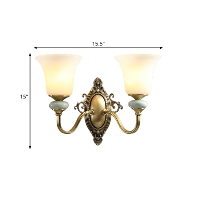 Rustic Flared Wall Mount Lamp 1/2 Lights Frosted Glass Sconce Light Fixture in Brass