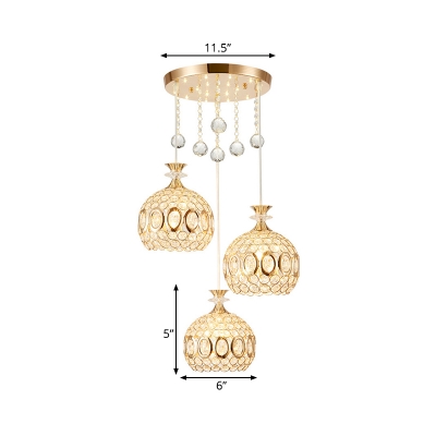 Simple 3 Lights Multi Pendant Light Gold Spherical Ceiling Hang Fixture with Crystal Embedded Shade