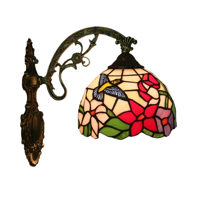Single Bird and Flower Sconce Light Tiffany Stained Glass 1 Head Bronze Wall Lighting Fixture