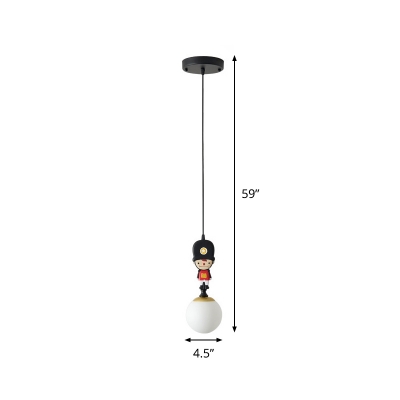 Soldier Pendant Ceiling Light Cartoon Resin Single Black Hanging Lamp with Orb Cream Glass Lamp Shade