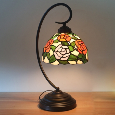 Stained Art Glass Pink/Blue Desk Lamp Dome Shade 1-Head Victorian Bloom Patterned Table Light with Dark Coffee Swirl Arm
