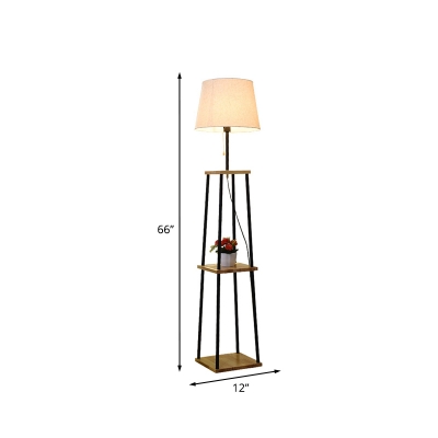 Tapered Fabric Pull Chain Floor Light Modern Functional 1 Head Beige Stand Up Lamp with 2-Layer Storage Rack
