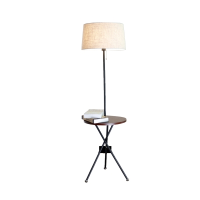 Tri-Leg Metallic Floor Light Modern Functional 1 Bulb Black Stand Up Lamp with Table and Flaxen Drum Fabric Shade