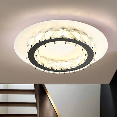 White LED Ceiling Fixture Minimalist Beveled Crystal Circular Flush-Mount Light in Warm/White Light