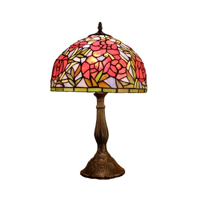 1-Bulb Bedside Night Table Lamp Victorian Bronze Leaf Patterned Nightstand Lighting with Bowl Hand Cut Glass Shade