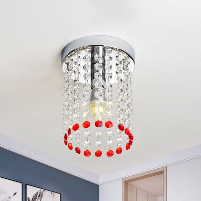 1 Bulb Cylinder Flush Mount Lamp Modern Chrome-Red Crystal Tassel Ceiling Light Fixture