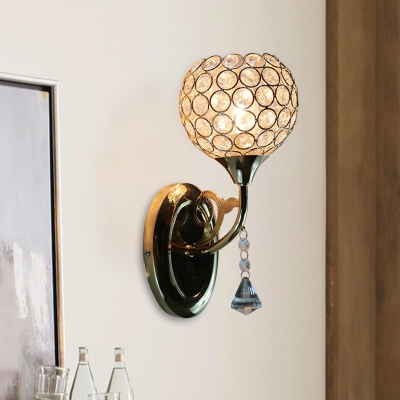 1 Head Crystal Embedded Wall Light Kit Modern Gold Hemisphere Bedroom Sconce Lamp