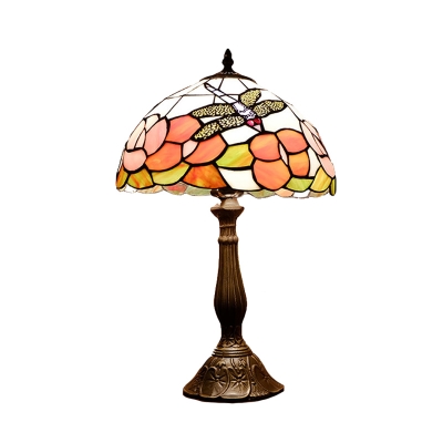 1-Head Night Table Lamp Baroque Stained Art Glass Nightstand Lighting in Bronze with Dragonfly and Flower Pattern
