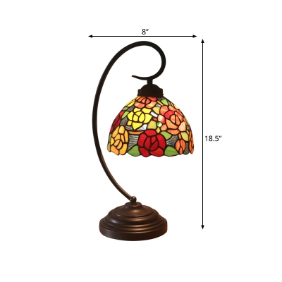1-Light Dome Shade Night Lamp Tiffany Style Dark Coffee Finish Stained Art Glass Petal Patterned Nightstand Light