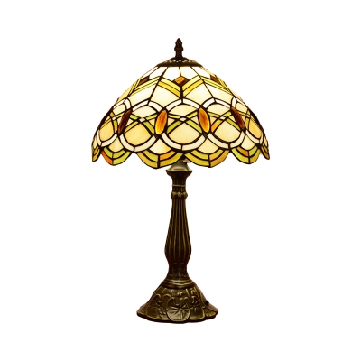1 Light Scalloped Shade Table Light Tiffany Style Bronze Stained Glass Jeweled Nightstand Lamp