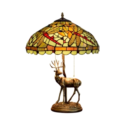 2-Bulb Bedroom Deer Table Lighting Mediterranean Yellow/Orange/Green Dragonfly Patterned Desk Light with Dome Stained Glass Shade