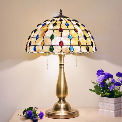 2 Bulbs Bedroom Night Lighting Tiffany Gold Beaded Patterned Nightstand Lamp with Lattice Bowl Shell Glass Shade