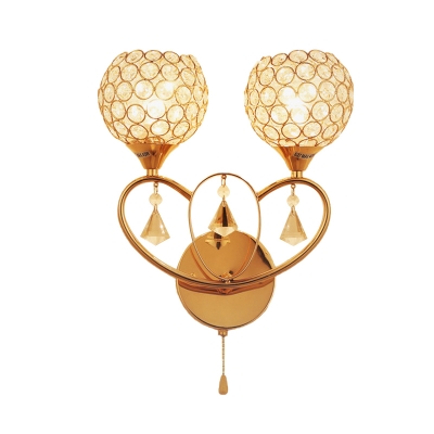 2 Bulbs Crystal Wall Lamp Simple Gold Spherical Living Room Sconce with Pull Chain