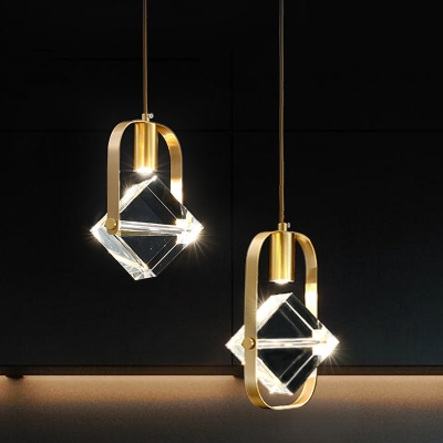 2-Head LED Multi Light Pendant Modern Style Cube Crystal Hanging Pendant in Gold