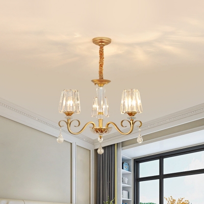 3/6-Bulb Pendant Light Kit Traditional Dining Hall Chandelier with Cone Prismatic Crystal Shade in Gold