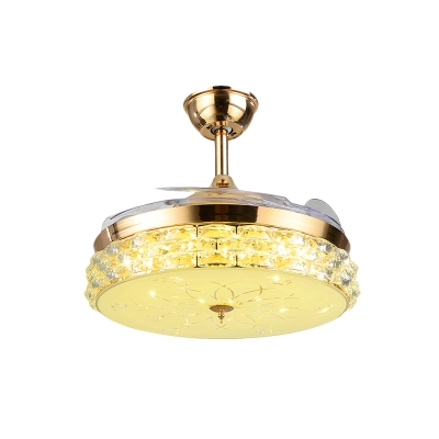3-Blade Modernism Drum Semi Flush Lamp Fixture Faceted Crystal Living Room LED Hanging Fan Light in Gold, 42.5