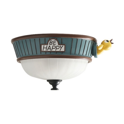 3-Bulb Child Room Ceiling Lamp Cartoon Green Flush Mount Fixture with Bowl Frosted Glass Shade