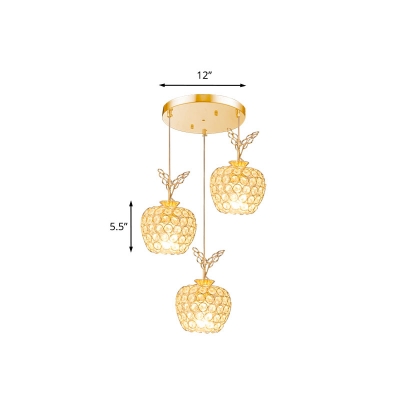 3 Bulbs Apple Ceiling Light Contemporary Gold Multi Light Crystal Pendant over Dining Table