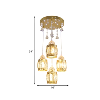 4-Head Cut Crystal Multi Pendant Modernist Gold Barrel Dining Table Suspended Lighting Fixture