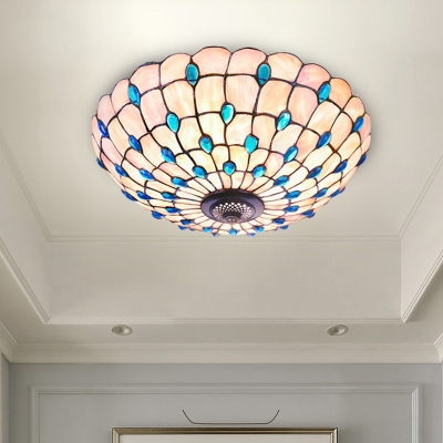 3/4 Lights Flush Mount Lighting Tiffany Gridded Bowl Shell Ceiling Lamp with Blue Jewels, 16