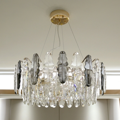 6-Light Layered Drum Shaped Hanging Lamp Contemporary Smoke Grey Crystal Chandelier Pendant Light