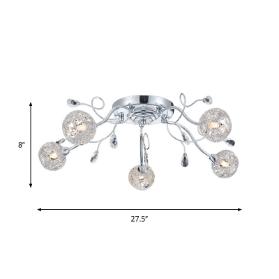 Aluminum Wire Woven Ball Semi Flush Light Modern Style 5 Heads Ceiling Lighting with Branch Design in Chrome