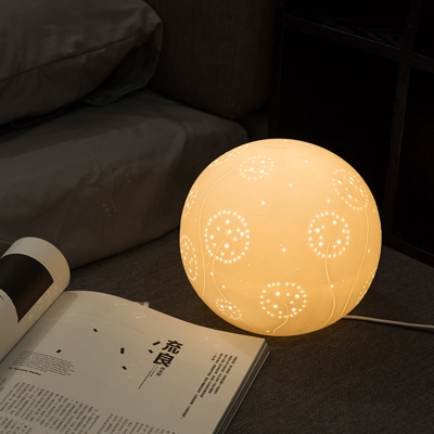Ball Mini Night Light Simple Ceramic 1-Light White Table Stand Lamp with Dandelion Pattern