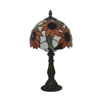 Baroque Domed Night Lamp 1-Light Hand Cut Glass Desk Lighting in Bronze with Sunflower Pattern