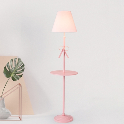 Barrel Floor Standing Light Nordic Fabric 1-Head Beige/Pink Stand Up Lamp with Bow Design and Storage Disc