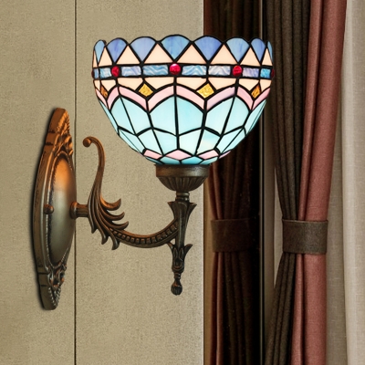 

Blue Wave-Pattern Bowl Sconce Baroque 1 Head Stained Art Glass Wall Mounted Light Fixture, HL629837