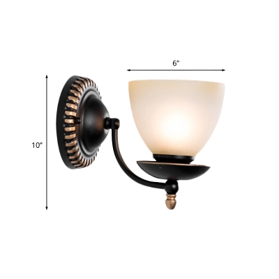 Bowl Bedroom Wall Mount Light Traditional Frosted Glass 1/2-Head Black Finish Wall Lighting Fixture with Swirl Arm