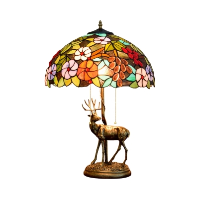 Bowl Shaped Nightstand Lamp Tiffany Style Stained Glass 2-Light Brown/Green Flower/Leaf Night Light with Resin Elk Base