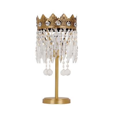 Brass Crown Table Lighting Retro Metal 1-Light Bedroom Night Lamp with Dangling Crystal