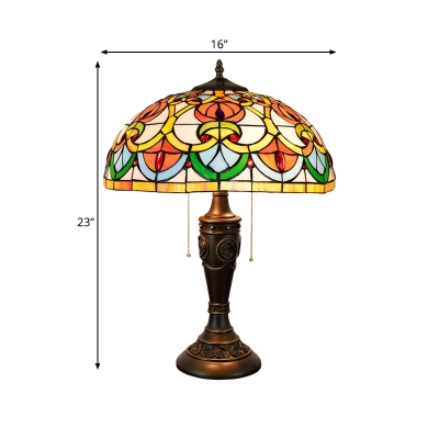 Bronze 2 Heads Night Lighting Tiffany Style Stained Glass Domed Shade Pull Chain Nightstand Lamp for Bedroom