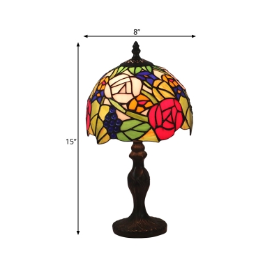 Bronze Dome Shaped Night Light Victorian 1-Head Hand Cut Glass Table Lamp with Rose Pattern