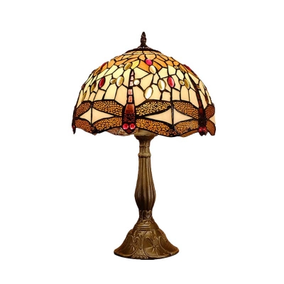Bronze Dragonfly Night Table Light Victorian 1 Light Hand Cut Glass Nightstand Lamp with Domed Shade