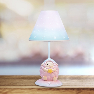 Cartoon 1 Head Nightstand Lamp Pink Aries/Scorpio/Sagittarius Table Light with Conic Fabric Lampshade for Kid's Room