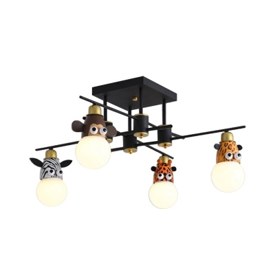 Cartoon Animal Head Ceiling Chandelier Metal 4 Bulbs Kids Bedroom Pendant Light in Crossed Arm Black