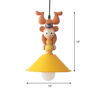 Cartoon Cone Shade Hanging Pendant Iron 1/3-Head Kids Bedroom Suspension Lamp with Monkey Top in Orange-Yellow