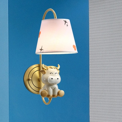 Cartoon Single Wall Light Fixture Cheerful Yellow Chick/Blue Snake/Gold Bull Sconce with Printed Fabric Lampshade