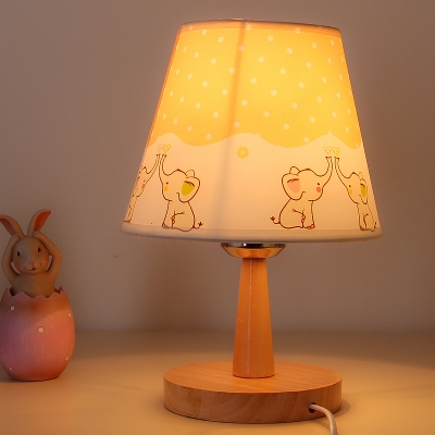 Cartoon Tapered Fabric Night Light 1-Light Table Lighting with Plane/Bear/Owl Pattern in Wood