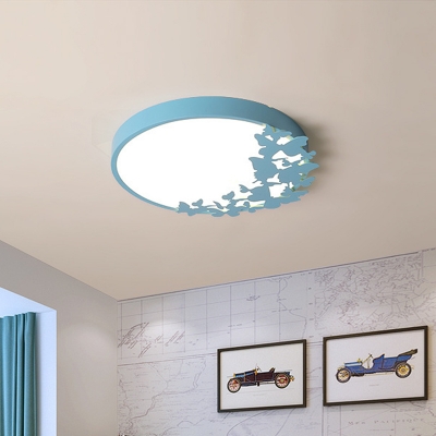 Circular Acrylic Ceiling Lighting Kids Pink/Yellow/Blue LED Flush Mount Lamp with Butterfly Design