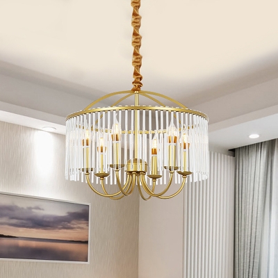 Clear Crystal Rod Drum Shape Pendant Postmodern 6 Bulbs Bedroom Chandelier with Candle Design