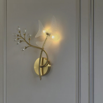 Clear Water Glass 2 Bulbs Wall Lamp Swallow and Twig 2 Heads Postmodern Sconce Light, Left/Right