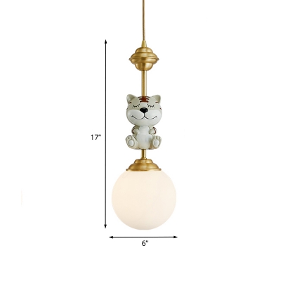 Cow/Tiger Resin Pendant Light Fixture Cartoon 1 Head Gold Suspension Lamp with Ball White Glass Shade