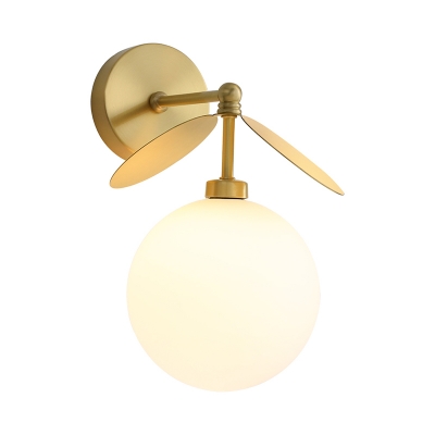 Cream Glass Oval/Globe Wall Sconce Minimalism 1 Head Brass Wall Light Fixture with Leaf Decor