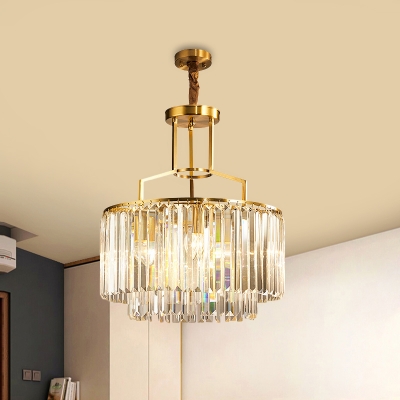 Crystal Brass Chandelier Light Fixture 2 Tiers 3-Head Postmodern Pendant Lamp for Living Room