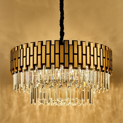 Crystal Prism Gold Finish Pendant Light Layered 8 Bulbs Postmodern Style Chandelier