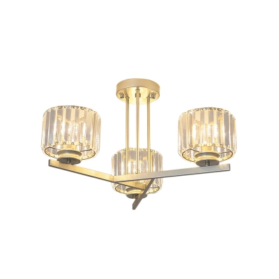 Cylindrical Bedroom Semi Flush Contemporary K9 Crystal 3/4 Heads Gold Flush Mount Light Fixture