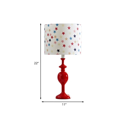 Cylindrical Table Light Modern Fabric Single Bedroom Night Lamp with Orange Red Censer Base